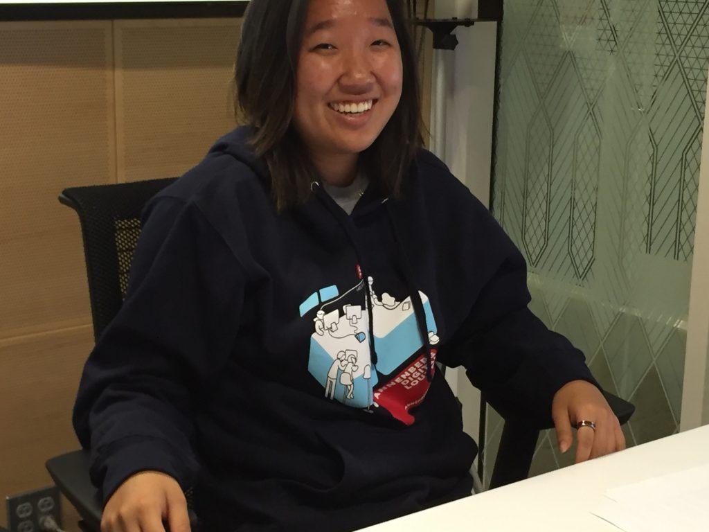 Media Specialist, Jennifer Lee, rocking the new digital lounge sweatshirt.